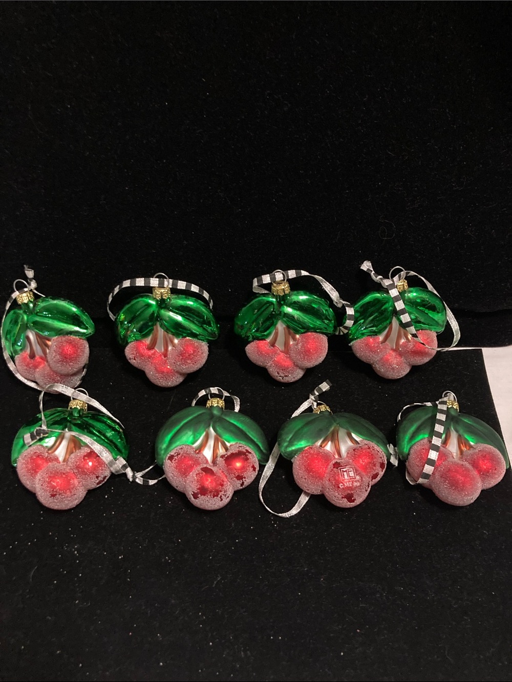Mary Engelbreit Glass Cherry Holiday Ornaments in Green & Red